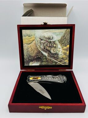NIB Vintage Knife w/Railroad Train Relief on Both Sides With Wooden Case/Box